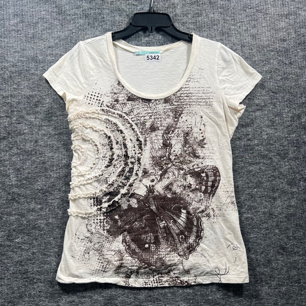 Maurices Womens Medium Butterfly Graphic Tee Ruffle Trim Slub Knit Cream